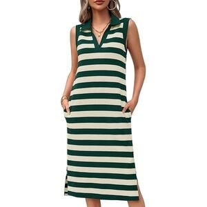 Green and White Striped Sleeveless Dress